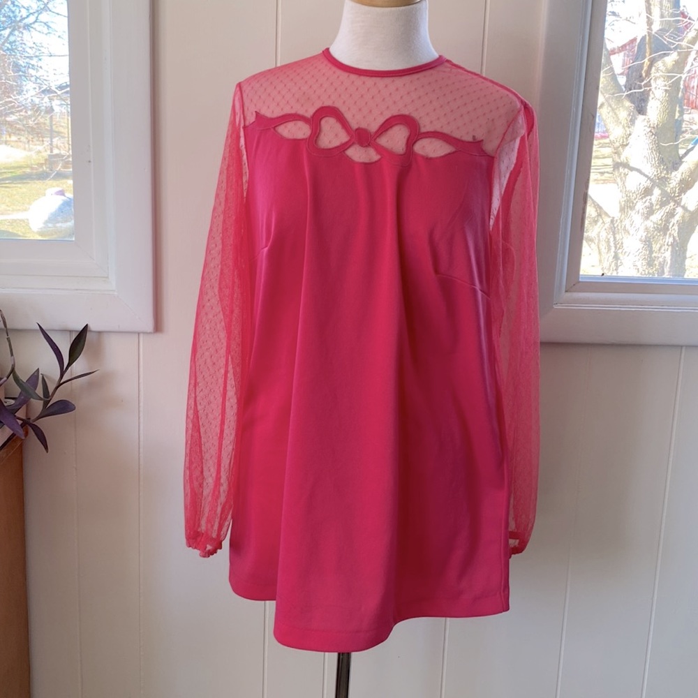 Vintage 60s 70s Hot Pink Sheer Mesh Bow Top Tunic L/XL - Picture 5 of 6